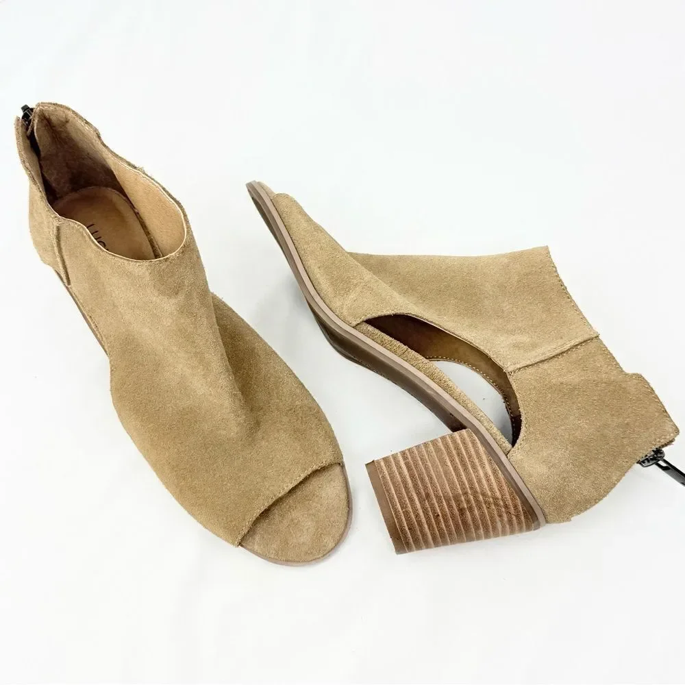Lucky Brand KEIGHT Tan Suede Keyhole Open Toe Block Heel Ankle Sandal Bootie